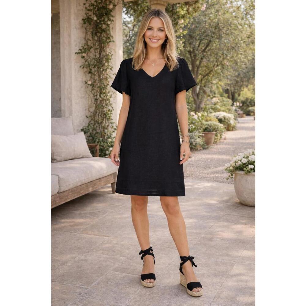 Nicole Miller Black Linen Blend Subtle Tiered Hem Column Minimalist Chic Dress M